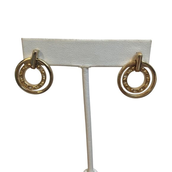 Gold Tone Circle Pendant Necklace Earring Set Rhinestone Inlay 24" S Chain - Picture 7 of 9